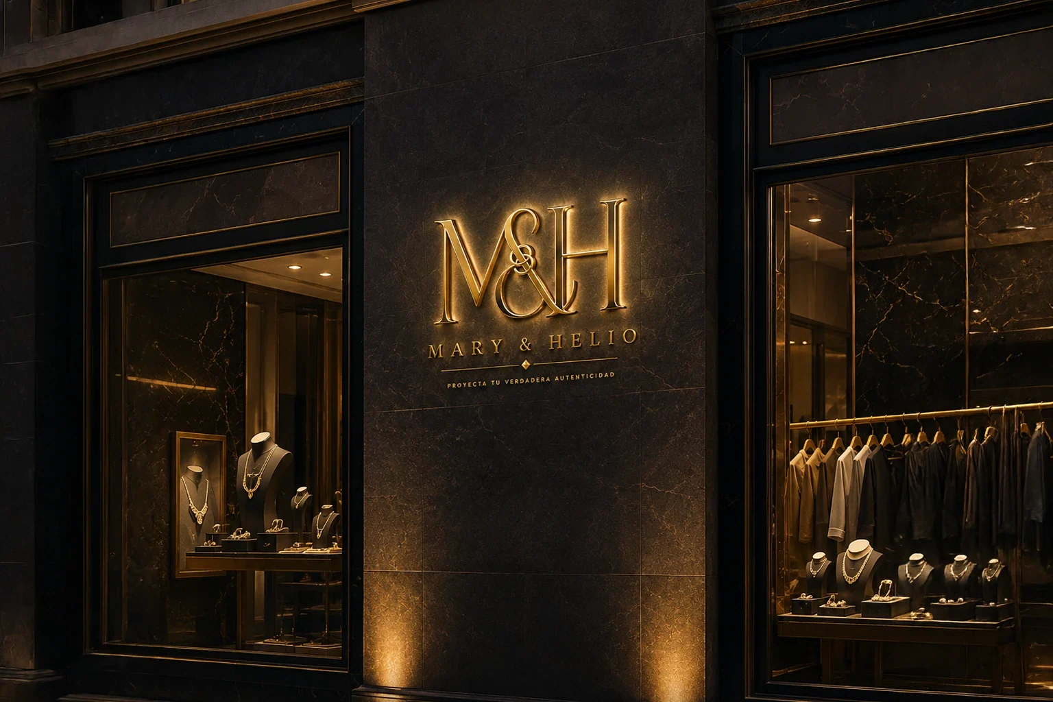 Fachada de la joyería Mary & Helio con su logotipo dorado