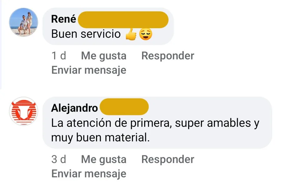 Comentarios de clientes en Facebook