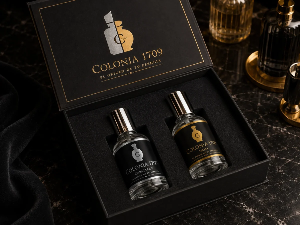 Ejemplo de identidad de marca: logotipo dorado en un estuche negro con dos botellas de perfume etiquetadas