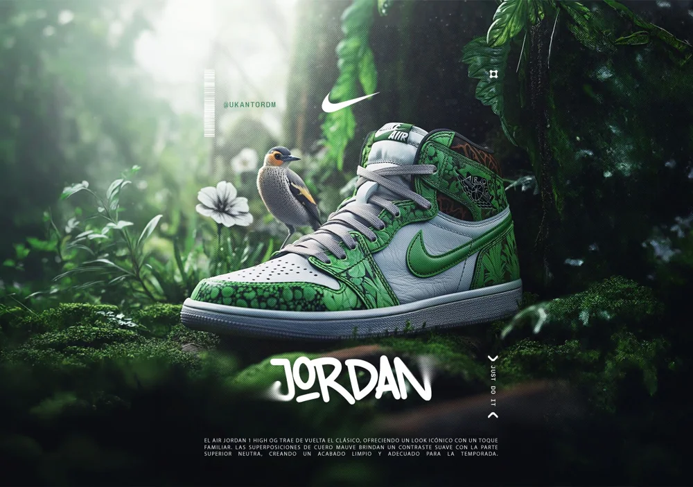 Publicidad para unos tenis Jordan en un entorno de selva